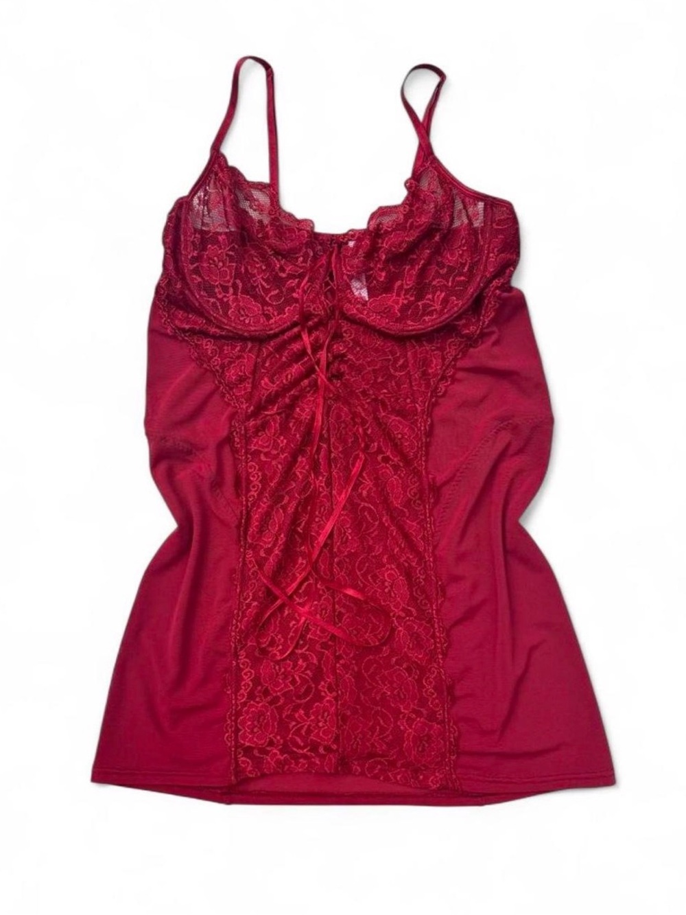 Y2k Coquette Red Lace-Front Romantic Lingerie Dress